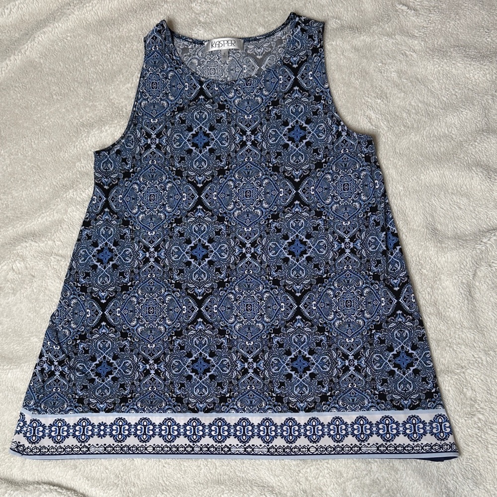 Kasper Blue and White Patterned Tank Top